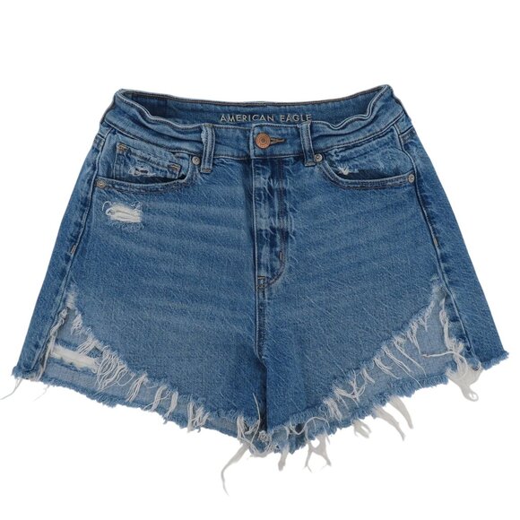 American Eagle Women 4 Highest Rise Mom Short Blue Denim Jean Distressed Cotton - Picture 1 of 14